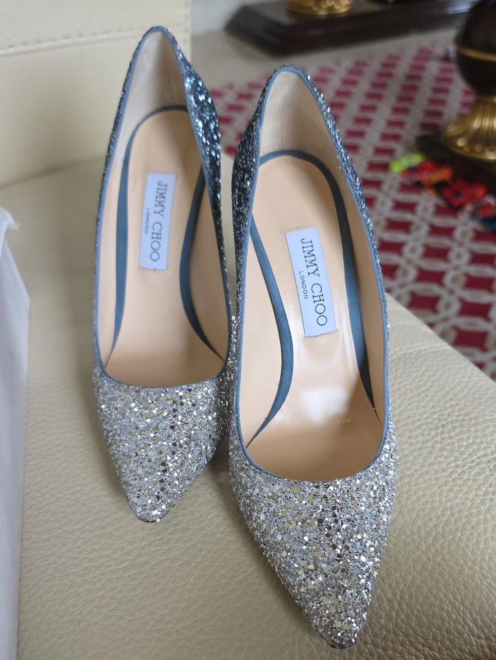 Jimmy Choo Silver Glitter Pointed Toe Pumps - Sparkling Evening Heels